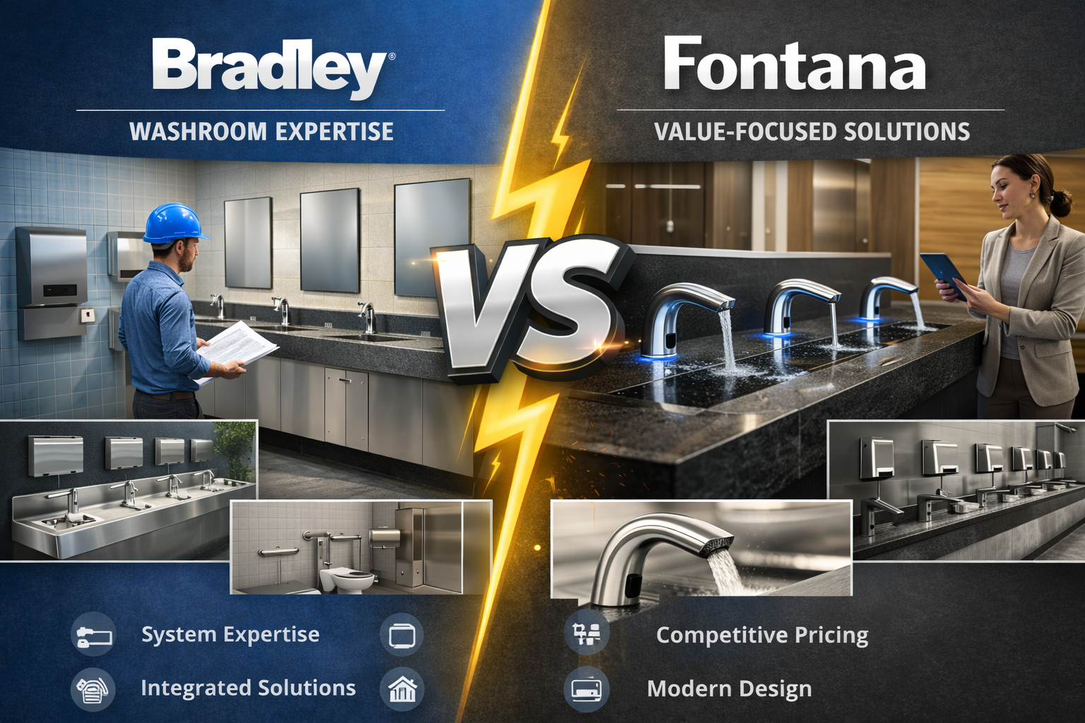 Comparison of Bradley washroom expertise versus Fontana value-focused solutions